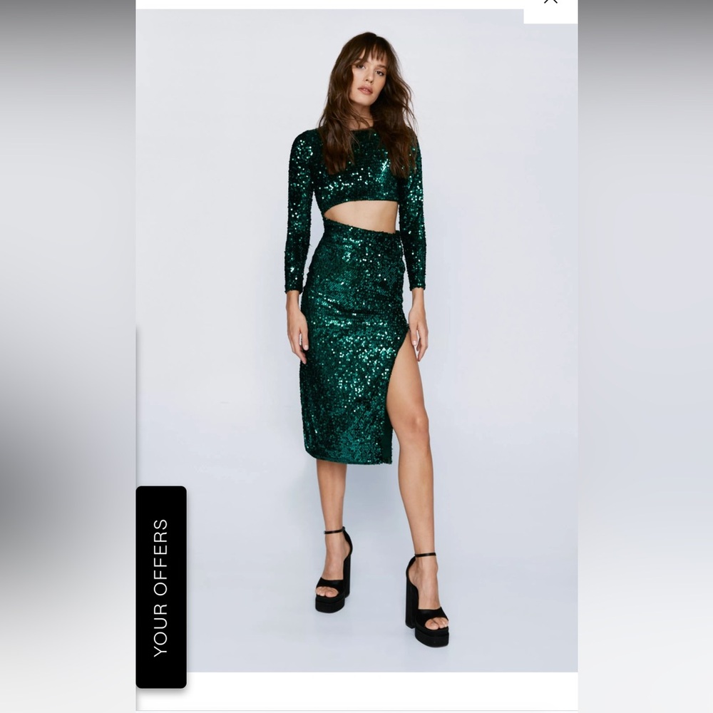 Nasty Gal Green Sequin Midi Dress with Slit
